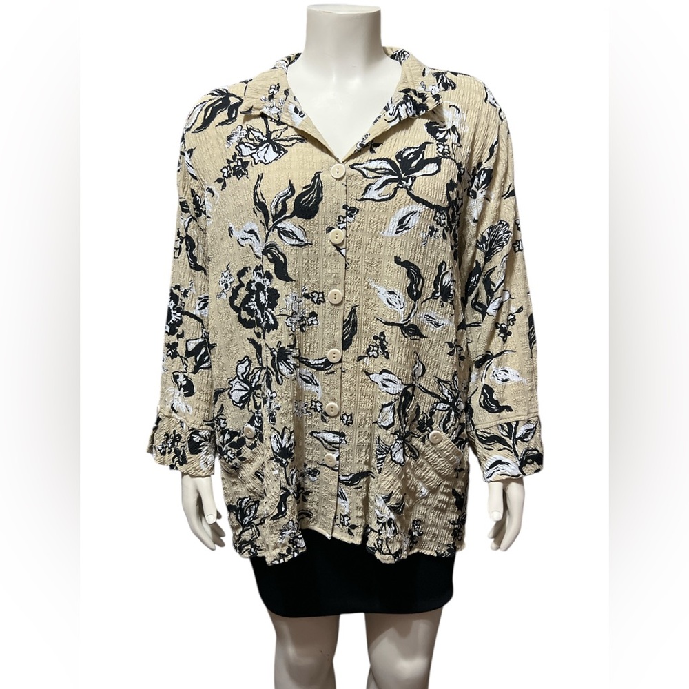 NWT Ali Miles Plus Sz 2X Pucker Woven Allover Stroke Floral Wire Collar Shirt